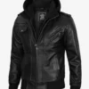 Mens Black Leather Bomber Jacket with Removable Hood
