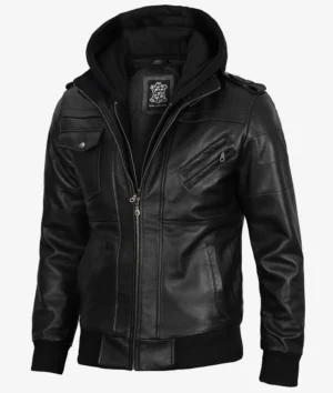 Mens Black Leather Bomber Jacket with Removable Hood