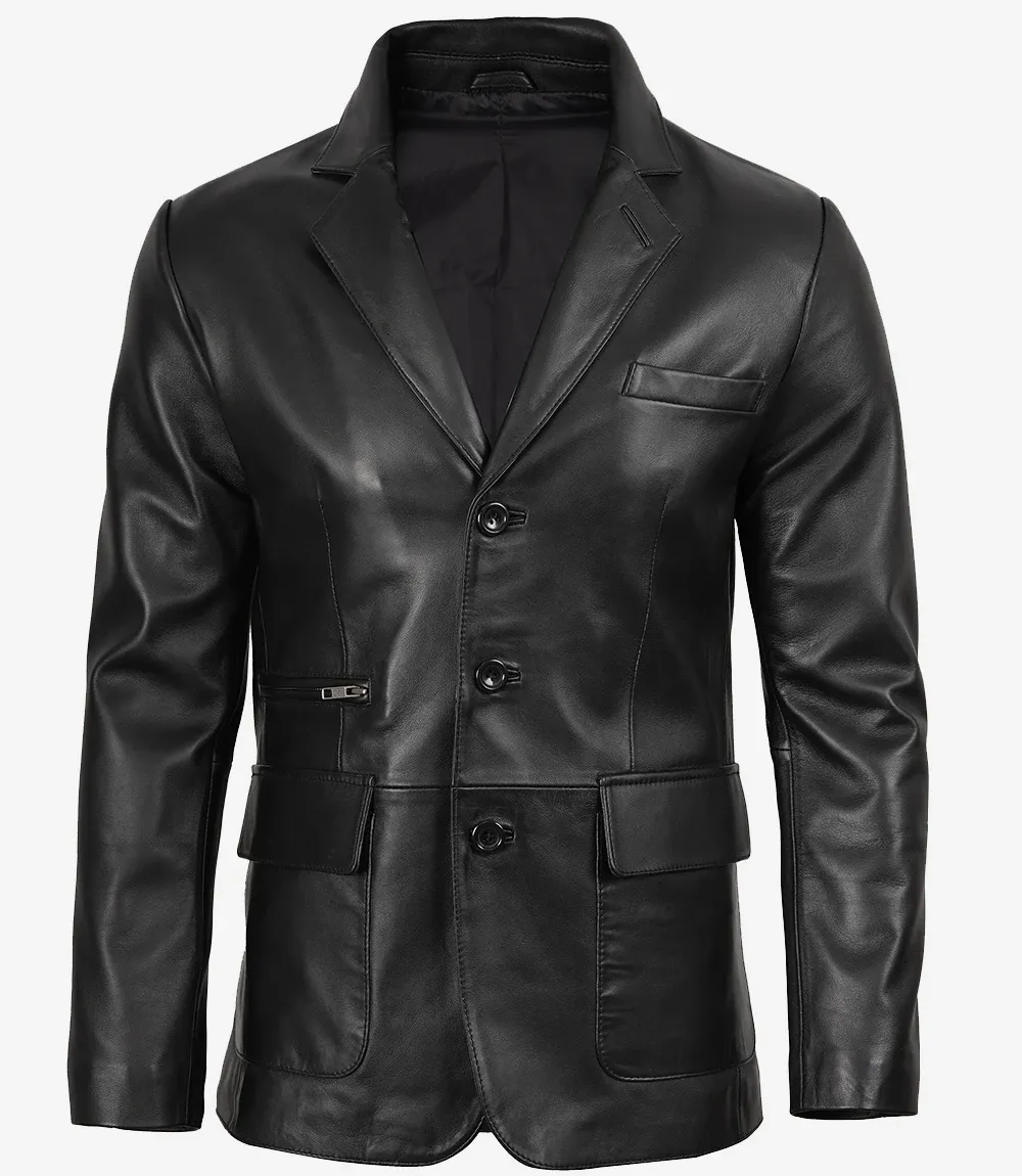 Mens Real Leather Three Button Black Blazer Mens Real Leather Three Button Black Blazer