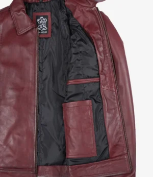 Mens Classic Shirt Collar Burgundy Harrington Leather Jacket