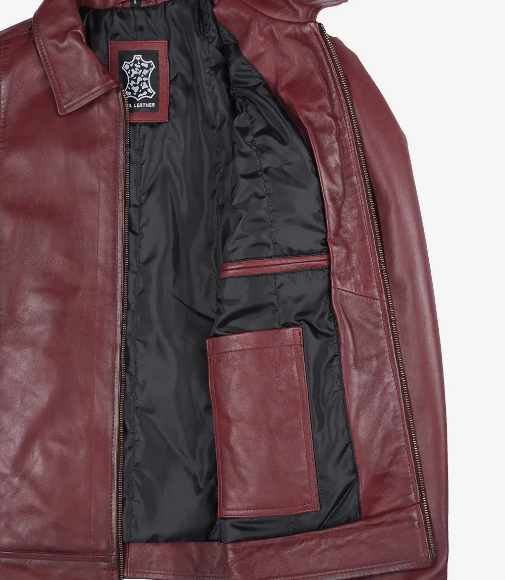Mens Classic Shirt Collar Burgundy Harrington Leather Jacket Mens Classic Shirt Collar Burgundy Harrington Leather Jacket