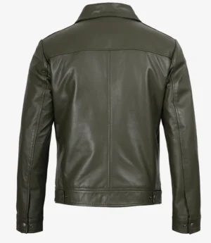 Men's Classic Shirt Collar Olive Green Leather Jacket