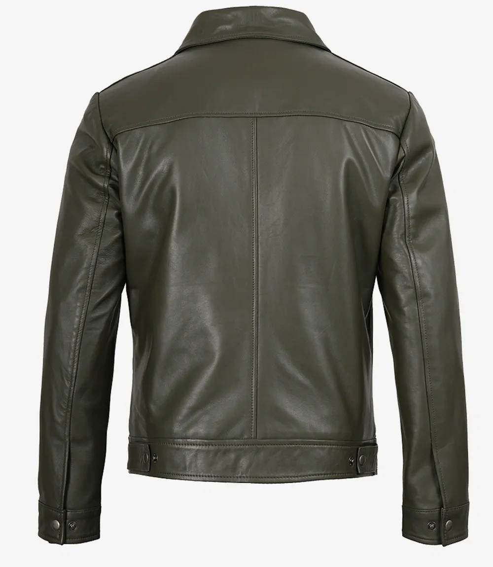 Men's Classic Shirt Collar Olive Green Leather Jacket Men's Classic Shirt Collar Olive Green Leather Jacket