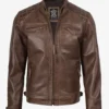 Men's Chocolate Brown Biker Style Leather Jacket - Quilted Shoulders
