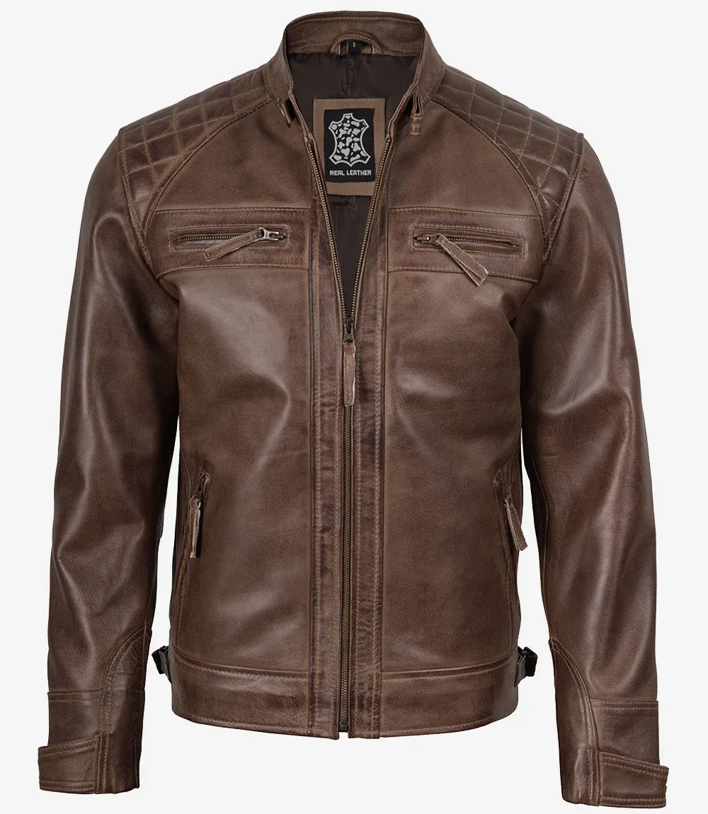 Men's Chocolate Brown Biker Style Leather Jacket - Quilted Shoulders