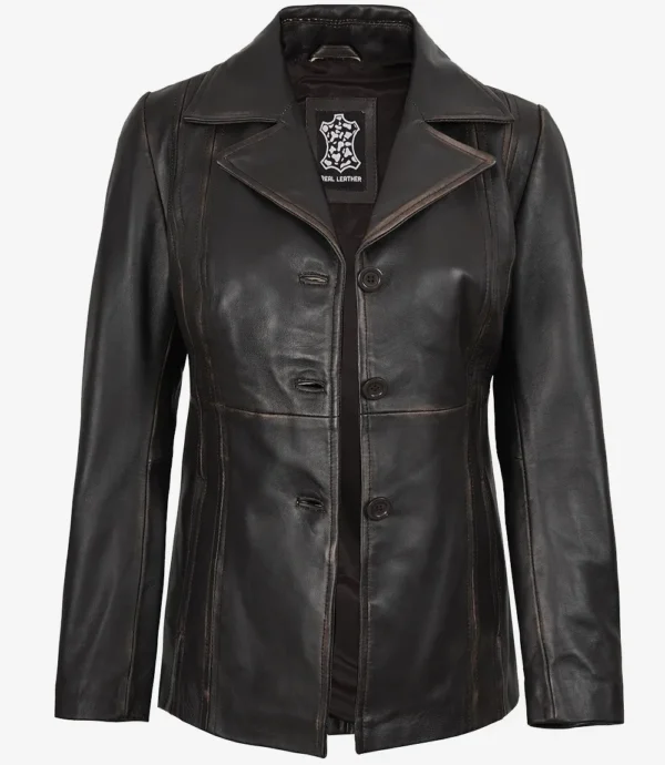 Women's Three Button Distressed Brown Leather Blazer