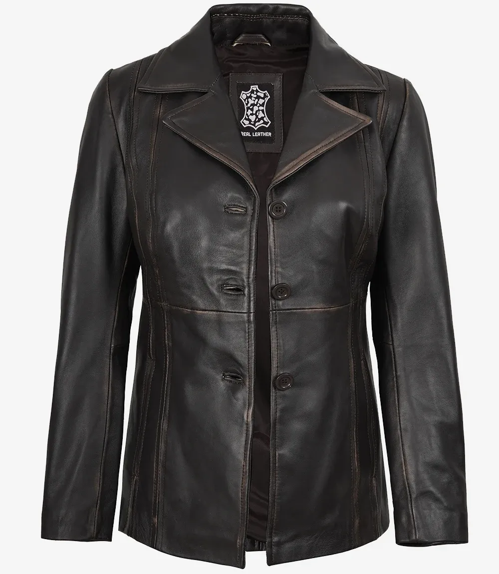 Women's Three Button Distressed Brown Leather Blazer Women's Three Button Distressed Brown Leather Blazer