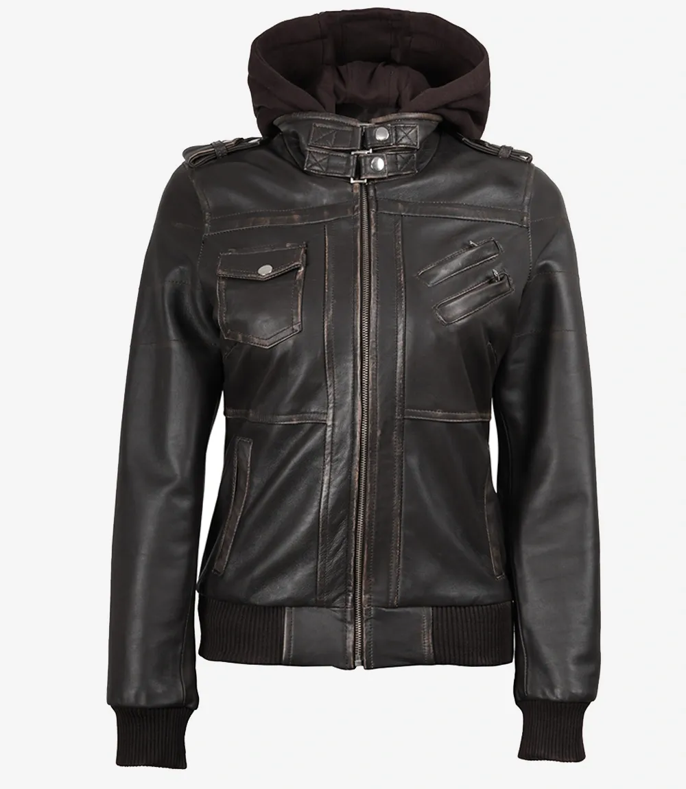 Womens Distressed Brown Hooded Bomber Leather Jacket Womens Distressed Brown Hooded Bomber Leather Jacket