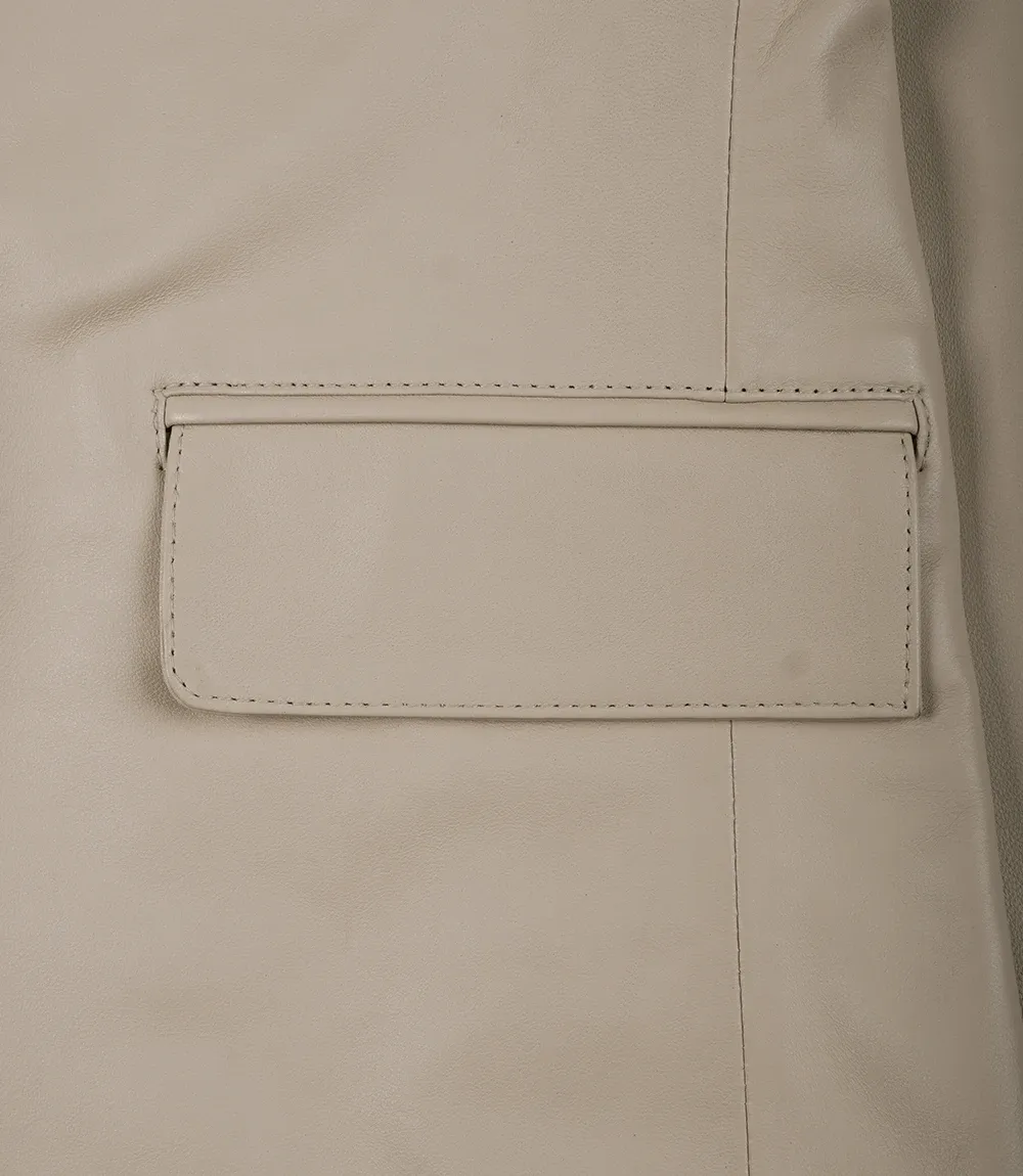 Mens Two Button Beige Leather Blazer - Notch Lapel Mens Two Button Beige Leather Blazer - Notch Lapel