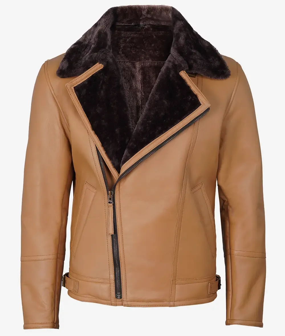 Men's Camel Brown Shearling Moto Leather Jacket