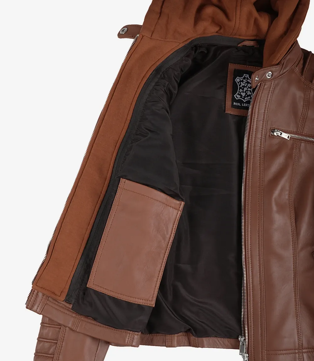 Helen Womens Cognac Leather Jacket with Removable Hood Helen Womens Cognac Leather Jacket with Removable Hood