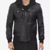Mens Tall Black Leather Bomber Jacket with Removable Hood
