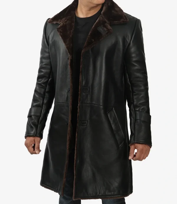Men's 3/4 Length Black Leather Shearling Coat