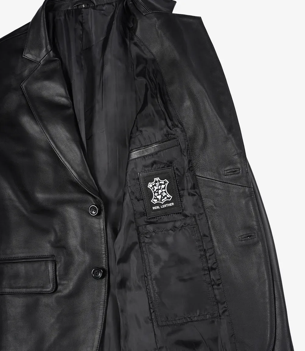 Mens Two Button Black Leather Blazer - Notch Lapel Mens Two Button Black Leather Blazer - Notch Lapel