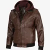 Men's Dark Brown Bomber Leather Jacket with Hood