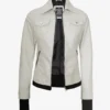 Womens Off White Bomber Leather Jacket with Removable Hood