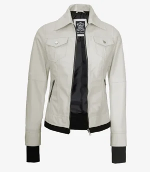 Womens Off White Bomber Leather Jacket with Removable Hood