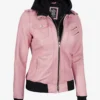 Womens Pink Hooded Bomber Leather Jacket