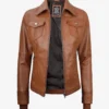Tralee Women's Tan Waxed Bomber Leather Jacket With Detachable Hood