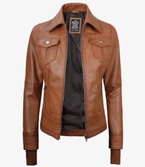Tralee Women's Tan Waxed Bomber Leather Jacket With Detachable Hood