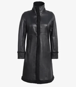 Women's 3/4 Length Black Leather Shearling Coat