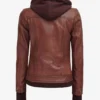 Tralee Women's Cognac Wax Bomber Leather Jacket With Removable Hood