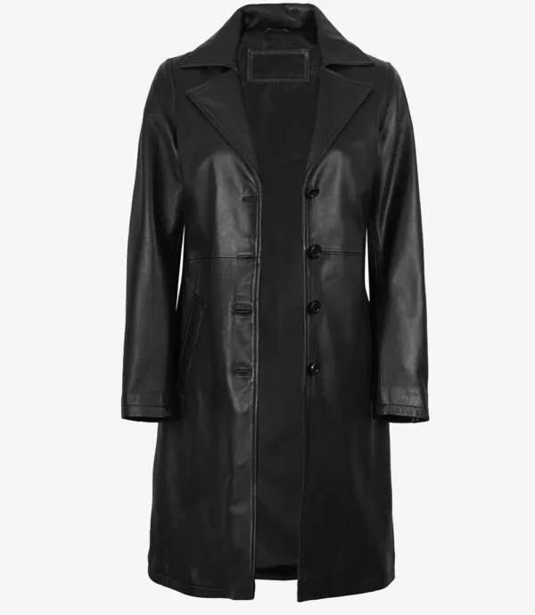 Women's Long Black Leather Car Coat - Notch Lapel