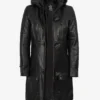 Women's 3/4 Length Black Leather Hooded Coat