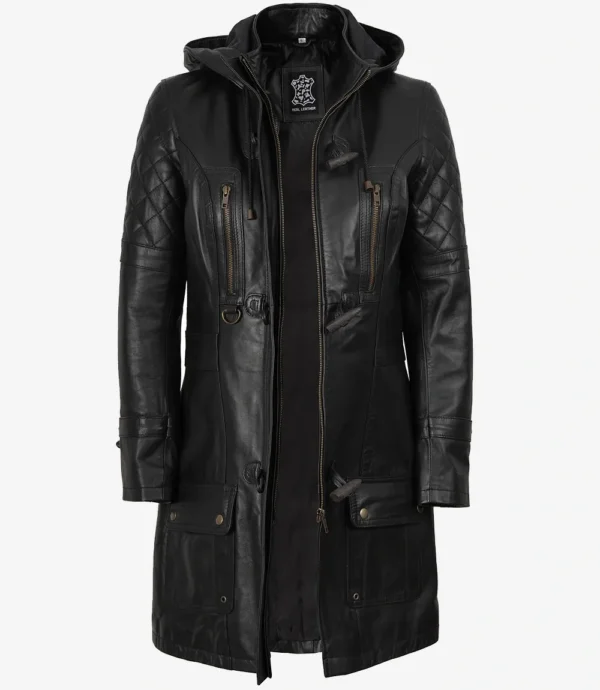 Women's 3/4 Length Black Leather Hooded Coat