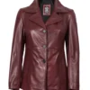Womens Three Button Burgundy Leather Blazer
