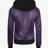Womens Purple Bomber Leather Jacket with Removeable Hood