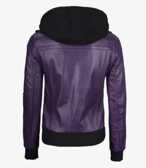 Womens Purple Bomber Leather Jacket with Removeable Hood