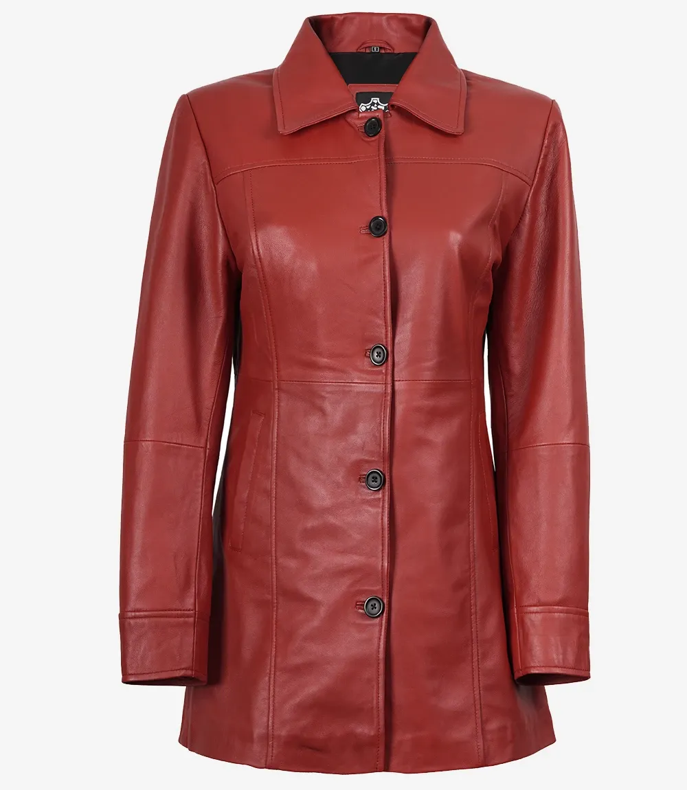 Womens Real Lambskin Leather Red Car Coat Womens Real Lambskin Leather Red Car Coat