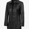Womens Black 3/4 Length Button Down Leather Coat