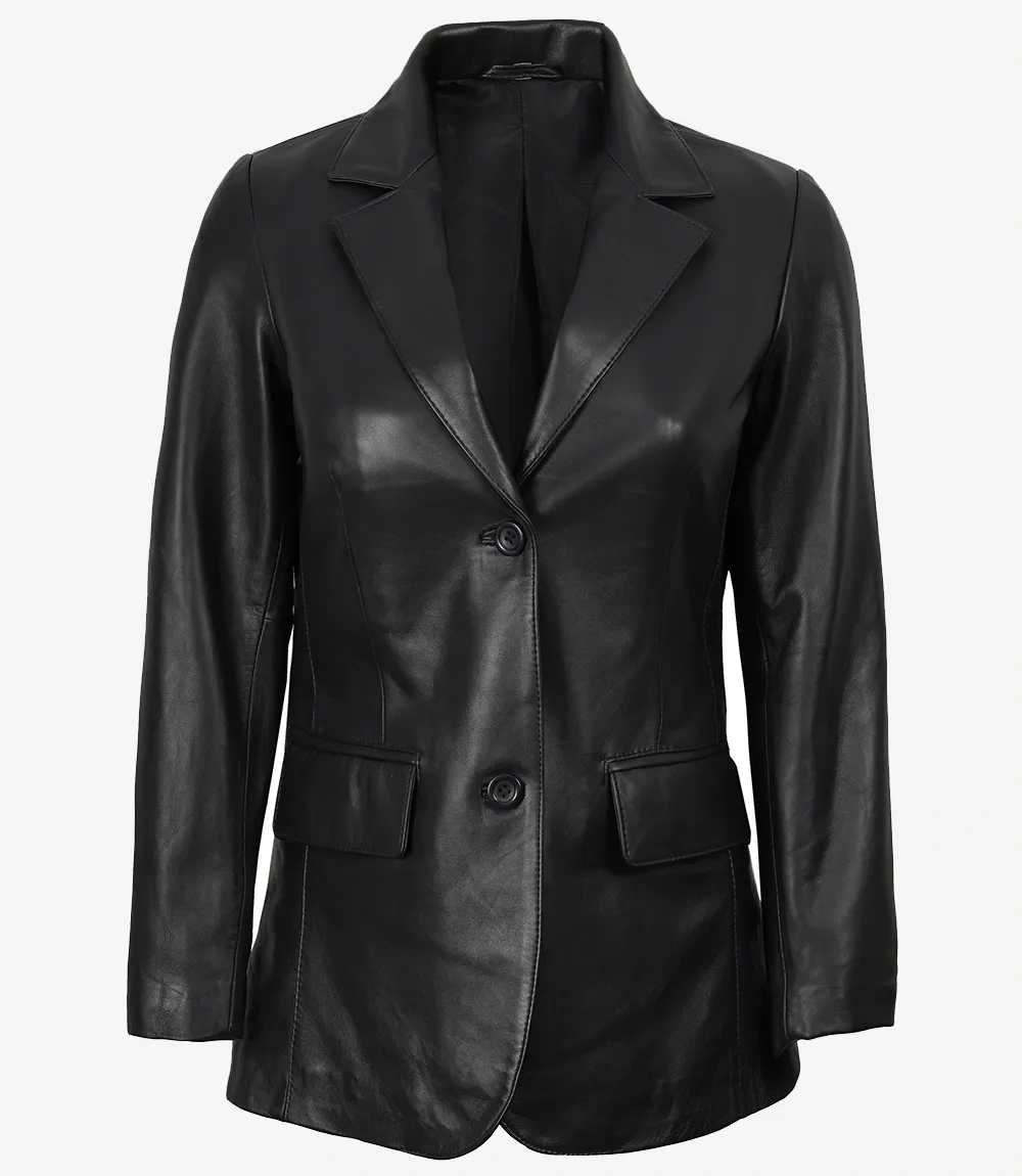 Shannon Women's Two Button Black Leather Blazer Shannon Women's Two Button Black Leather Blazer