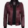 Womens Maroon Hooded Bomber Leather Jacket