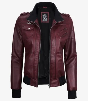 Womens Maroon Hooded Bomber Leather Jacket