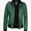 Womens Green Hooded Bomber Leather Jacket
