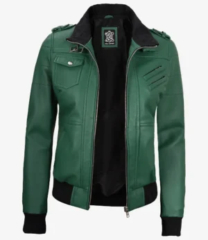 Womens Green Hooded Bomber Leather Jacket