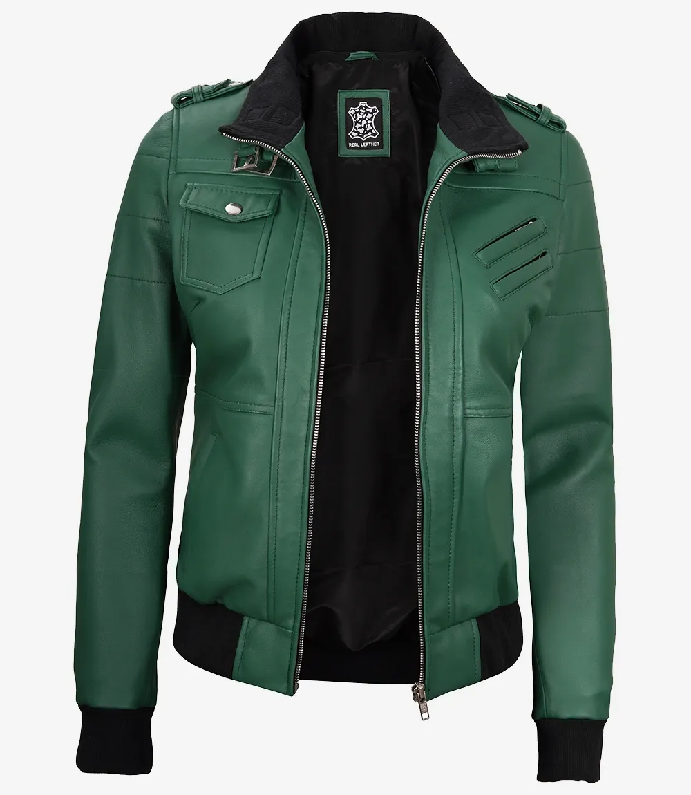 Womens Green Hooded Bomber Leather Jacket Womens Green Hooded Bomber Leather Jacket