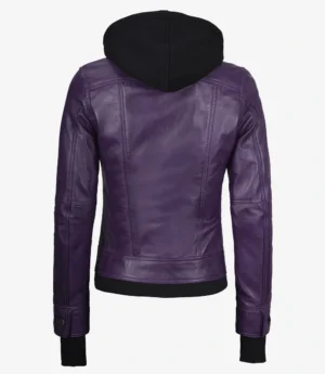 Womens Purple Bomber Leather Jacket - Removable Hood