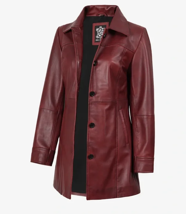 Womens Button Down Burgundy Leather Car Coat