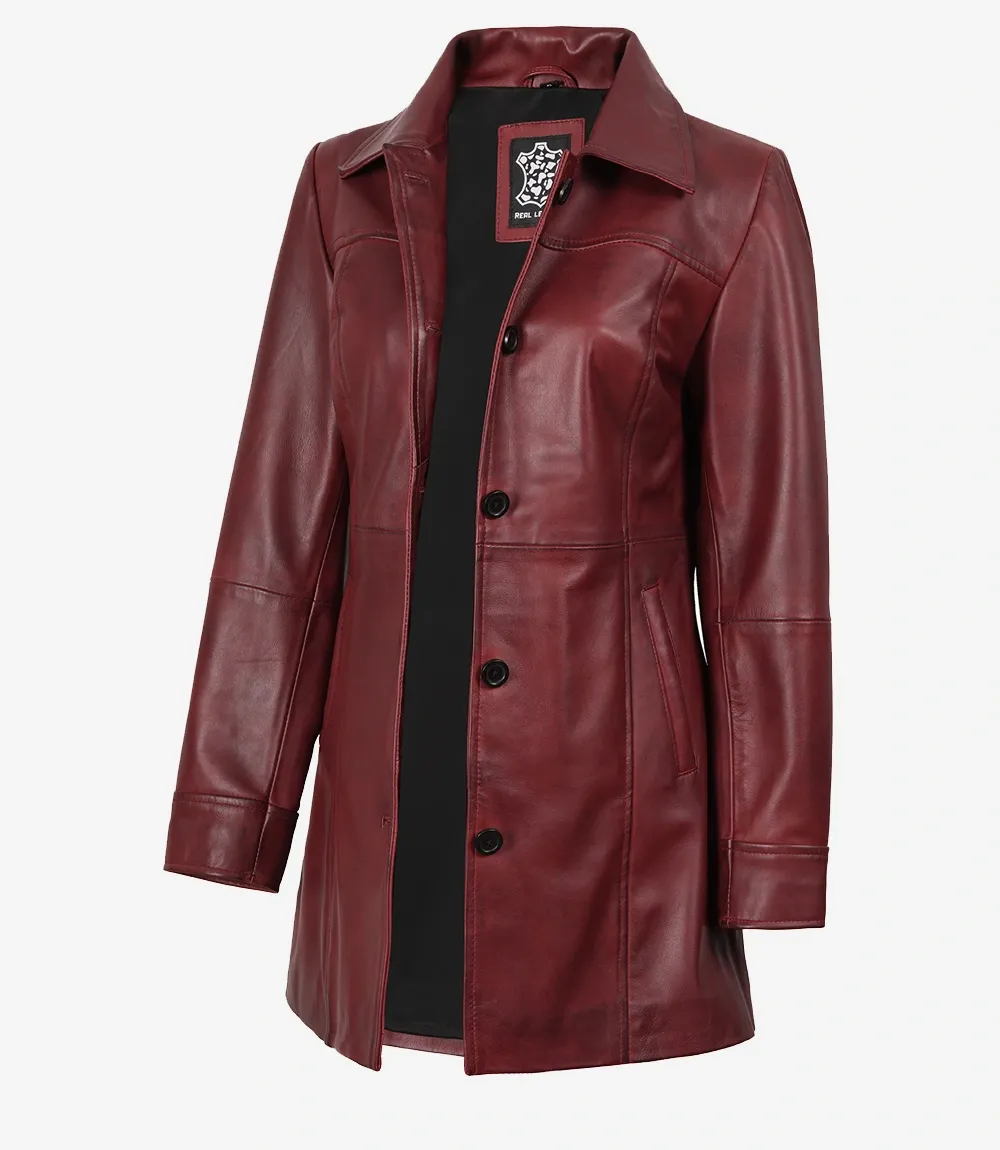 Womens Button Down Burgundy Leather Car Coat Womens Button Down Burgundy Leather Car Coat
