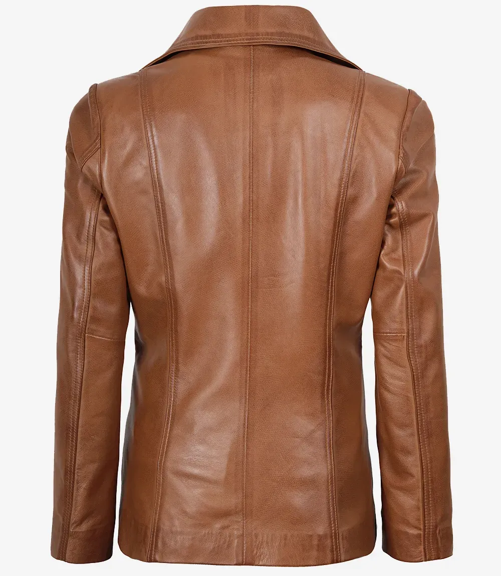 Womens Two Button Tan Leather Blazer - Notch Lapel Womens Two Button Tan Leather Blazer - Notch Lapel