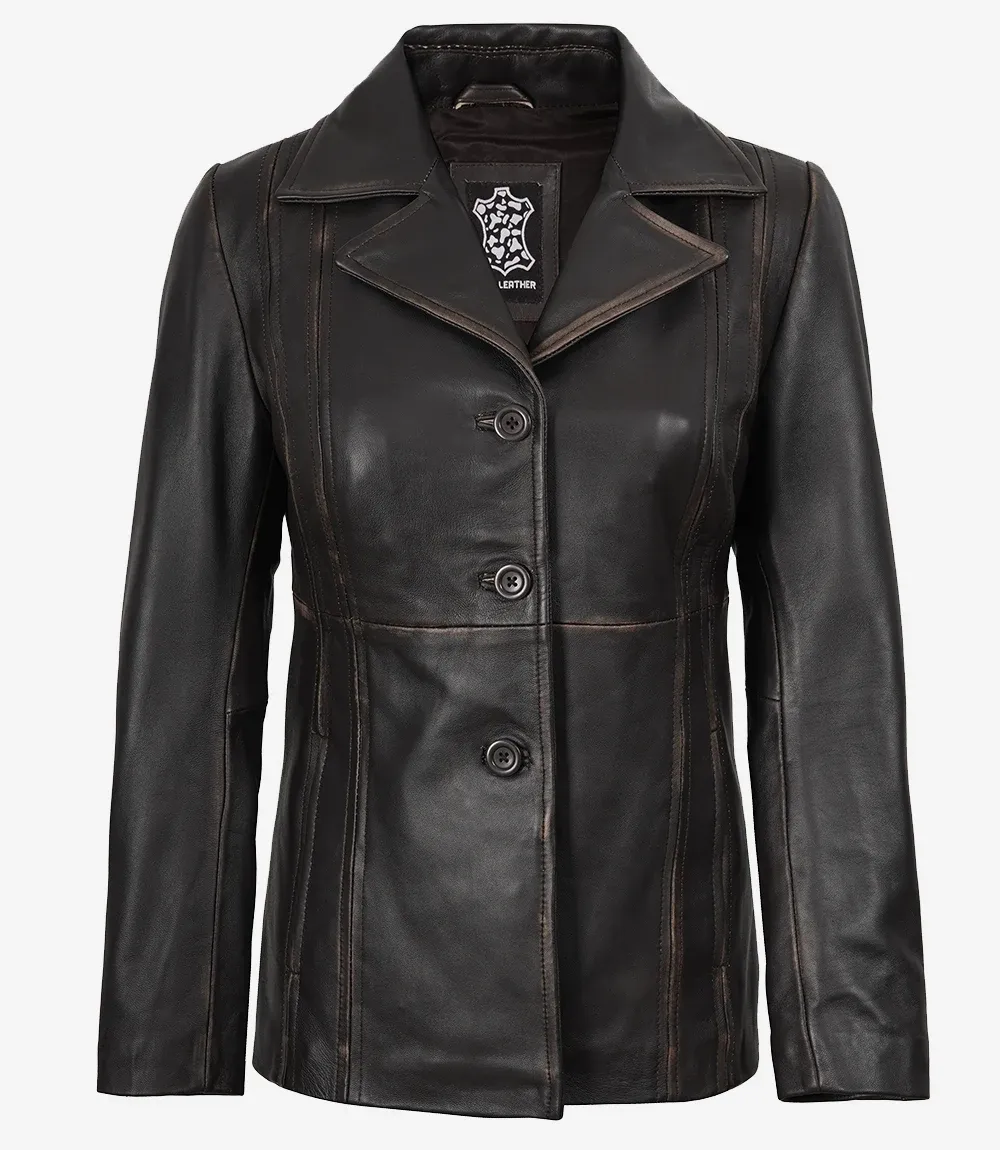 Women's Three Button Distressed Brown Leather Blazer Women's Three Button Distressed Brown Leather Blazer