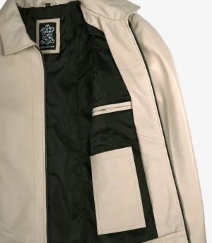 Mens Classic Shirt Collar Beige Harrington Leather Jacket