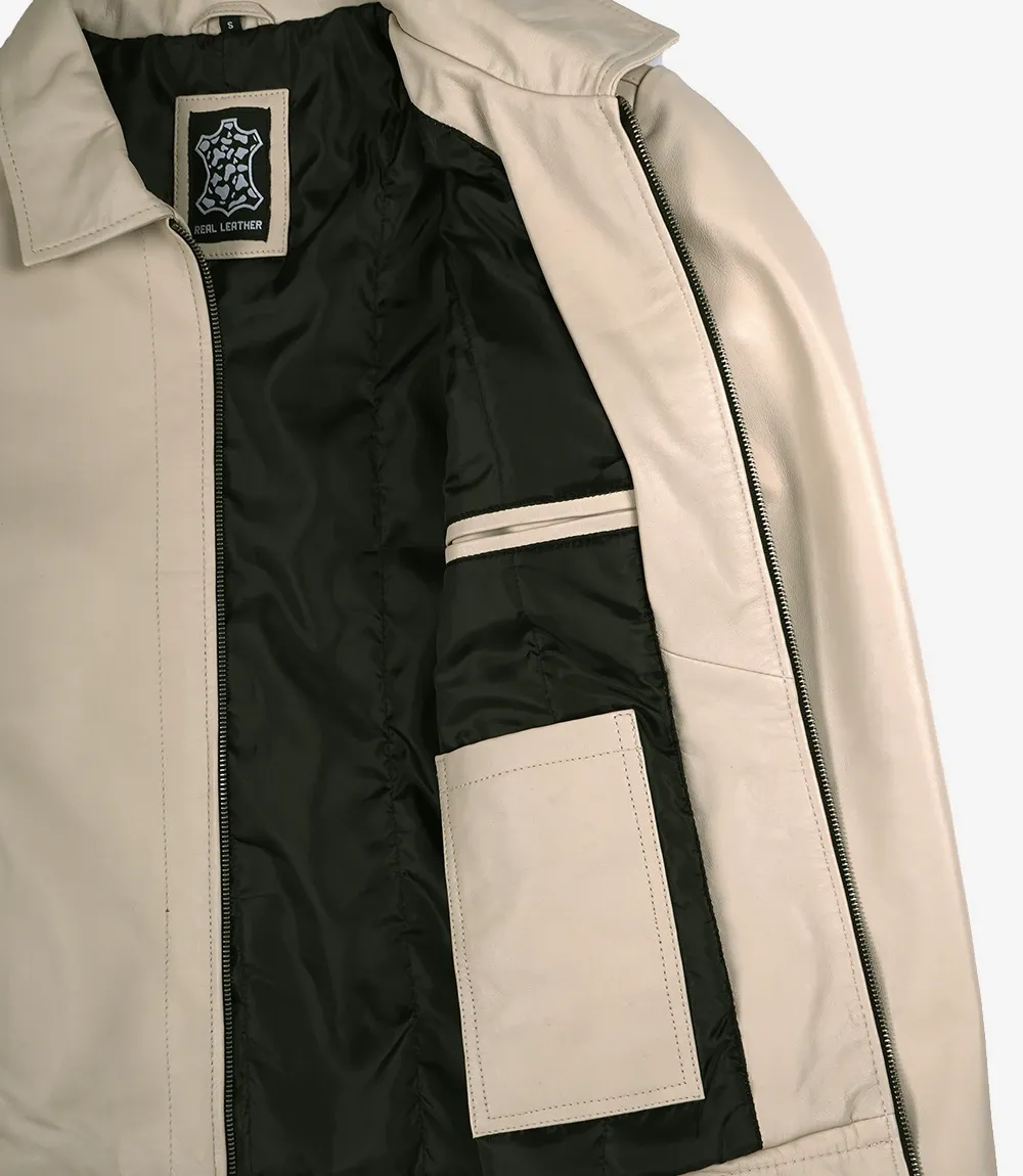 Mens Classic Shirt Collar Beige Harrington Leather Jacket Mens Classic Shirt Collar Beige Harrington Leather Jacket