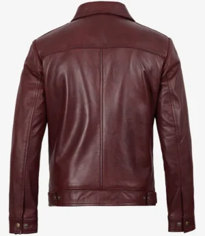 Mens Classic Shirt Collar Burgundy Harrington Leather Jacket