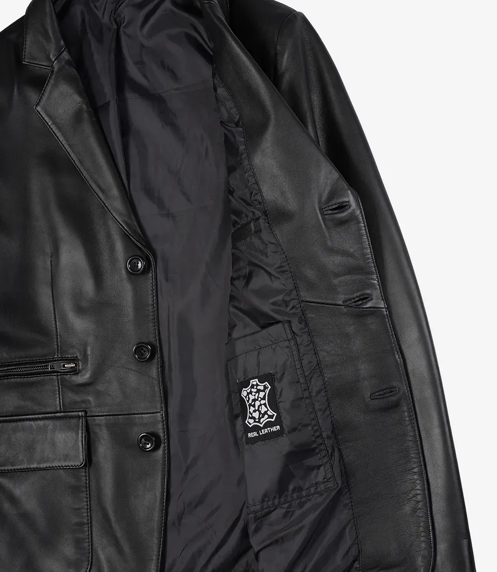 Mens Real Leather Three Button Black Blazer Mens Real Leather Three Button Black Blazer