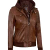 Womens Cognac Leather Bomber Jacket With Hood
